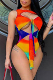 Rainbow Color Fashion Sexy Print Hollowed Out O Neck Sleeveless Two Pieces