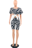 White Casual Animal Print Patchwork O Neck Short Sleeve Two Pieces