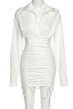 Cream White Sexy Solid Patchwork Turndown Collar Waist Skirt Dresses
