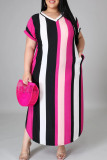 Rose Red Casual Striped Split Joint High Opening V Neck Short Sleeve Dress Plus Size Dresses