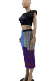 Pink Street Print Patchwork O Neck Sleeveless Two Pieces