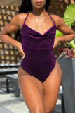 Coffee Fashion Sexy Solid Backless Swimwears