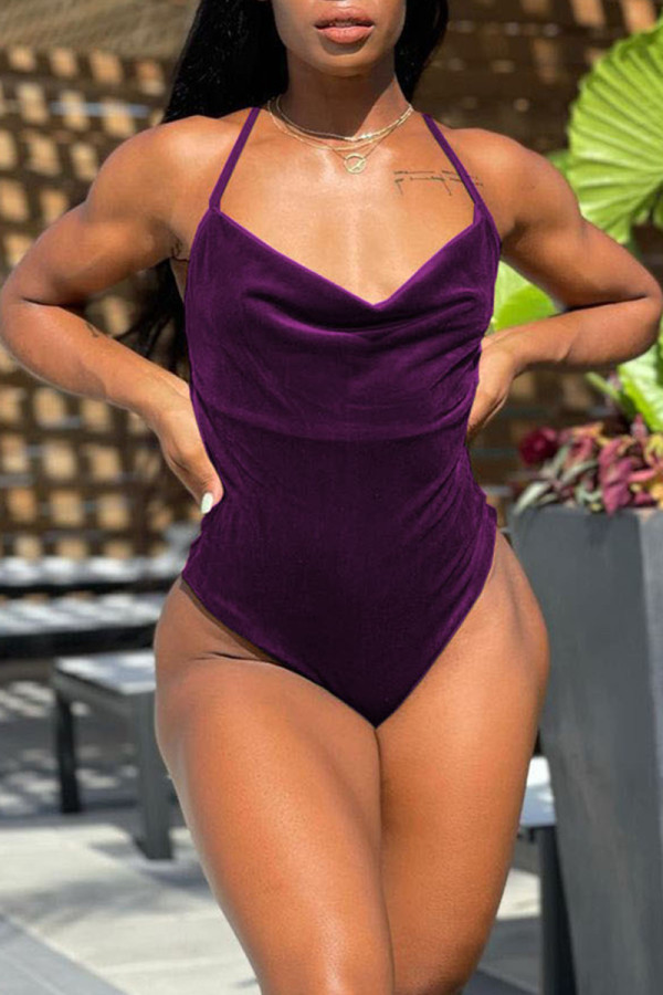 Purple Fashion Sexy Solid Backless Swimwears