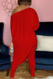 Red Casual Solid Patchwork One Shoulder Long Sleeve Two Pieces