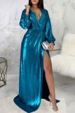 Blue Sexy Solid Split Joint V Neck Irregular Dress Dresses
