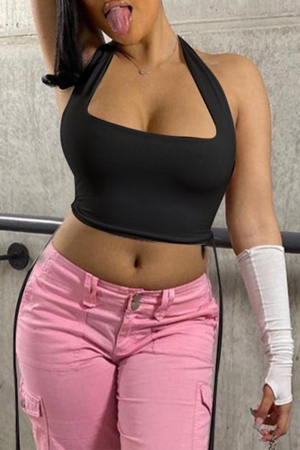 Black Sexy Solid Patchwork Halter Tops