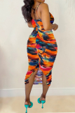 Tangerine Sexy Print Patchwork Spaghetti Strap Pencil Skirt Dresses