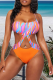 Tangerine Red Sexy Print Hollowed Out Draw String Swimwears