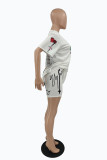 White Fashion Casual Print Basic O Neck Short Sleeve Two Pieces