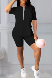 Red Casual Solid Patchwork Zipper Collar Short Sleeve Two Pieces