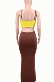 Brown Sexy Solid Hollowed Out Spaghetti Strap Pencil Skirt Dresses