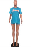 Light Blue Casual Letter Print Basic O Neck Short Sleeve Two Pieces