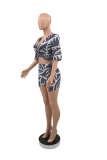 Grey Sexy Print Patchwork V Neck Short Sleeve Two Pieces