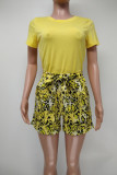 Yellow Casual Print Split Joint O Neck Short Sleeve Two Pieces