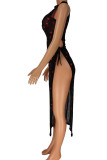 Red Sexy Print Bandage Patchwork See-through Half A Turtleneck Straight Dresses