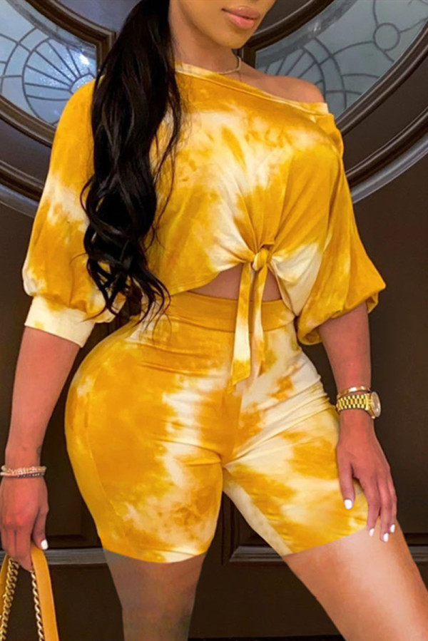 Yellow Fashion Casual Tie Dye Printing Oblique Collar Short Sleeve Two Pieces