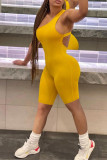 Yellow Sexy Casual Solid Backless One Shoulder Skinny Romper
