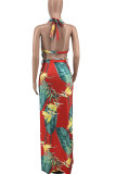 Red Sexy Print Bandage Patchwork High Opening Halter Straight Dresses