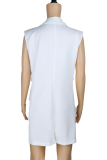 White Casual Solid Split Joint Turndown Collar Tops