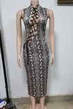 Yellow Sexy Print Hollowed Out Patchwork Frenulum O Neck Pencil Skirt Dresses