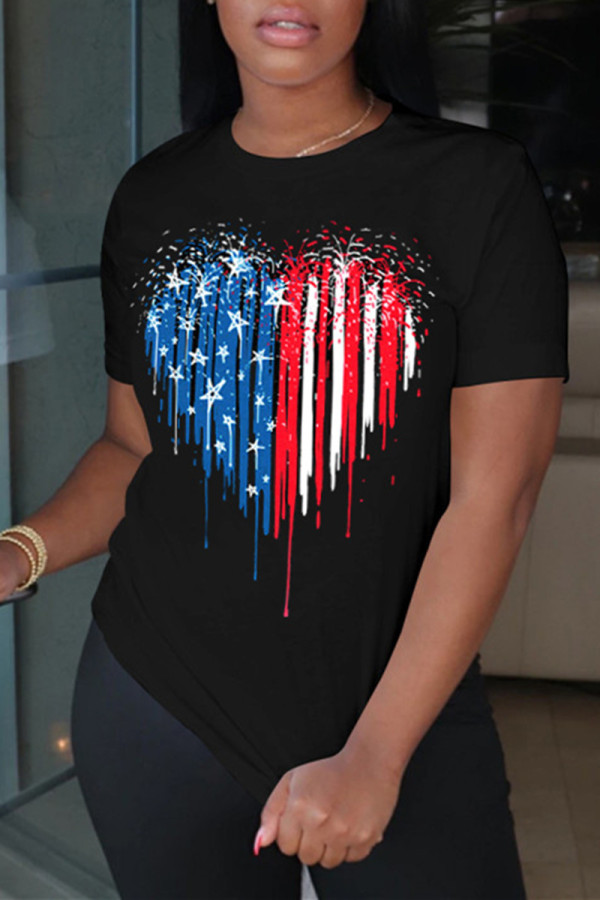 Black Fashion Casual Print Basic O Neck T-Shirts