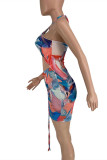 Watermelon Red Fashion Sexy Print Hollowed Out Halter Sleeveless Dress
