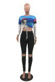 Blue Fashion Casual Print Ripped Draw String O Neck Short Sleeve Two Pieces