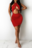 Red Fashion Sexy Solid Hollowed Out Backless Halter Sleeveless Dress