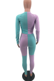 Blue Casual Color Block Patchwork O Neck Long Sleeve Two Pieces