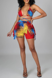 Colour Sexy Print Patchwork Cold Shoulder Sleeveless Two Pieces