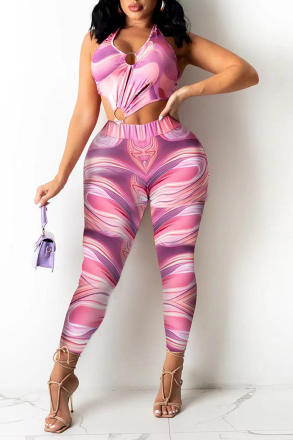 Purple Sexy Print Patchwork Halter Skinny Jumpsuits