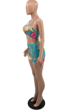 Green Sexy Street Print Patchwork Draw String Swimwears