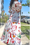White Sexy Print Patchwork Buckle Slit V Neck A Line Dresses