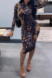 Multicolor Fashion Casual Print Basic O Neck Long Sleeve Dresses