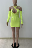 Fluorescent Green Sexy Solid Patchwork Slit Spaghetti Strap Pencil Skirt Dresses