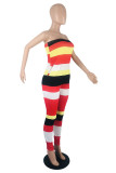 Red Fashion Sexy Striped Print Backless Strapless Regular Jumpsuits