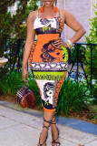 Orange Sexy Print Patchwork Backless Spaghetti Strap Pencil Skirt Dresses