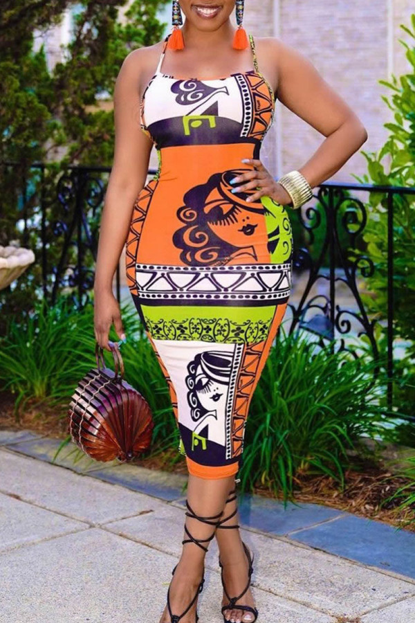 Orange Sexy Print Patchwork Backless Spaghetti Strap Pencil Skirt Dresses