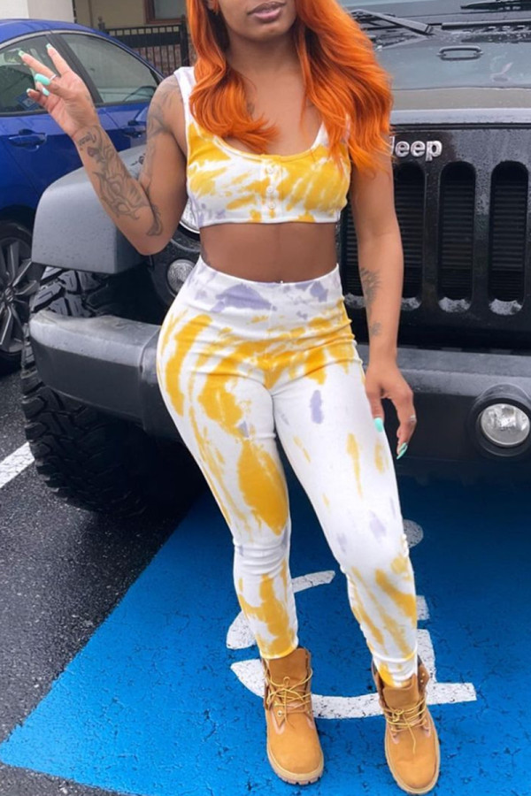 Yellow Fashion Casual Print Vests Pants U Neck Sleeveless Two Pieces