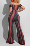 Burgundy Fashion Sexy Print Backless Strapless Short Sleeve Two Pieces