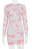 Red Sexy Print Hollowed Out Patchwork O Neck Long Sleeve Dresses