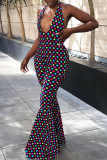 Multi-color Sexy Print Polka Dot Bandage Patchwork Backless Halter Boot Cut Jumpsuits