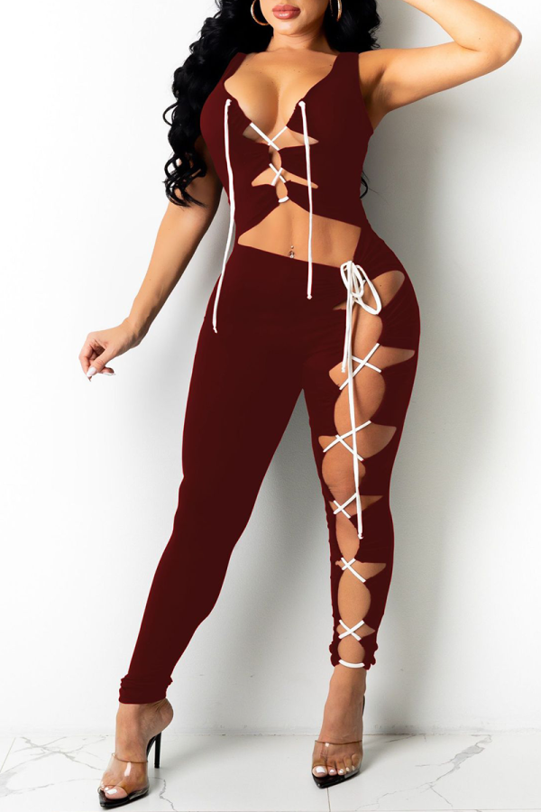 Burgundy Sexy Solid Patchwork V Neck Skinny Jumpsuits