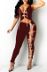 Burgundy Sexy Solid Patchwork V Neck Skinny Jumpsuits