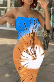 Orange Fashion Sexy Print Backless Spaghetti Strap Sleeveless Dress