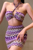 Purple Sexy Print Hollowed Out Split Joint Frenulum Strapless Sleeveless Two Pieces
