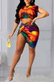 Multicolor Sexy Print Patchwork O Neck Short Sleeve Two Pieces
