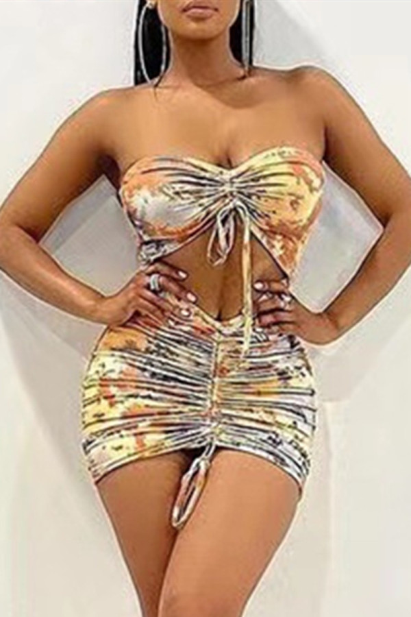 Yellow Sexy Print Hollowed Out Backless Fold Strapless Sleeveless Dress