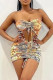 Yellow Sexy Print Hollowed Out Backless Fold Strapless Sleeveless Dress