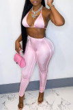 Pink Fashion Sexy Solid Bandage Backless Halter Sleeveless Two Pieces